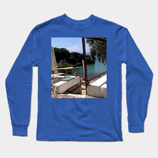 Paradise view on blue sea and beach from Mediterranean balcony in Greece Long Sleeve T-Shirt